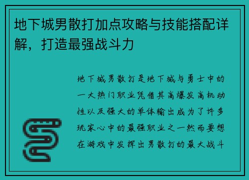 地下城男散打加点攻略与技能搭配详解，打造最强战斗力